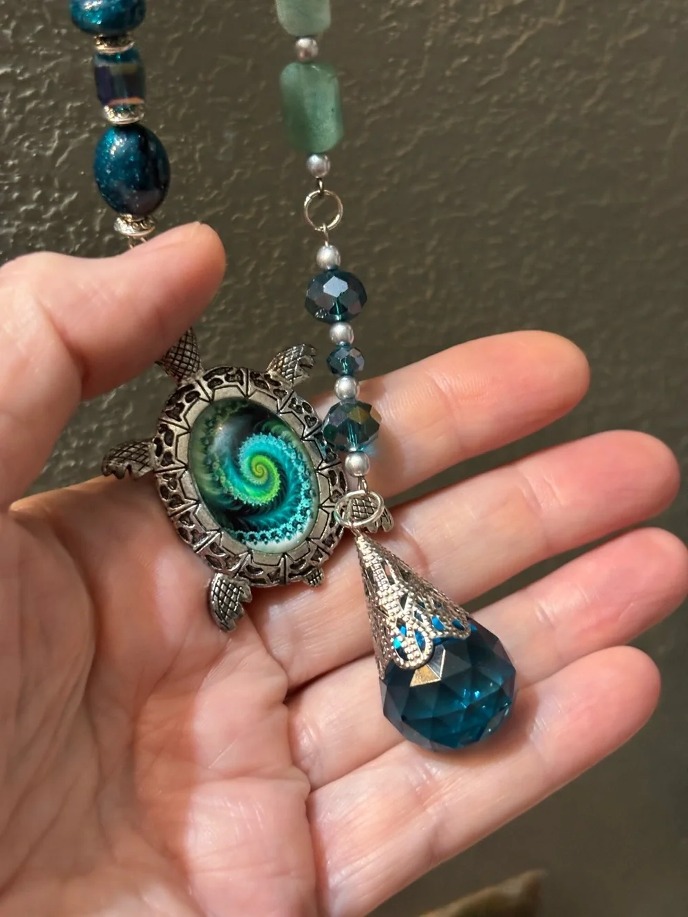 Handmade Teal and Brown Beaded Wall Hanging